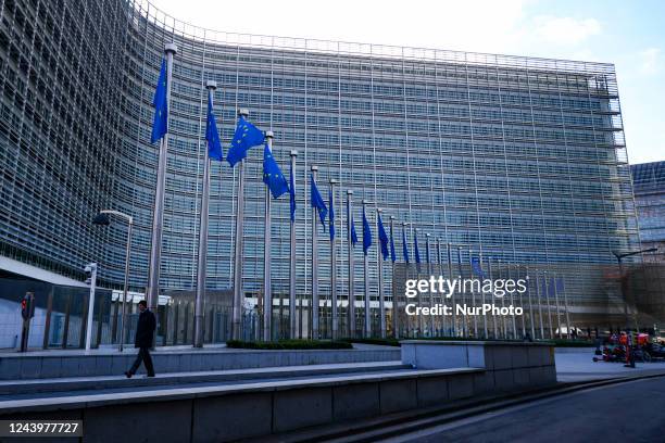 Flags are seen outside European Commission Berlaymont building in Brussels, Belgium on October 12, 2022.