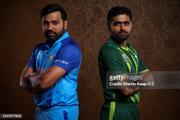 Rohit Sharma of India and Babar Azam of Pakistan poses for a photo ahead of the ICC Men's T20 World Cup on October 15, 2022 in Melbourne, Australia.