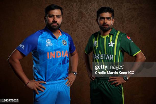 Rohit Sharma of India and Babar Azam of Pakistan poses for a photo ahead of the ICC Men's T20 World Cup on October 15, 2022 in Melbourne, Australia.