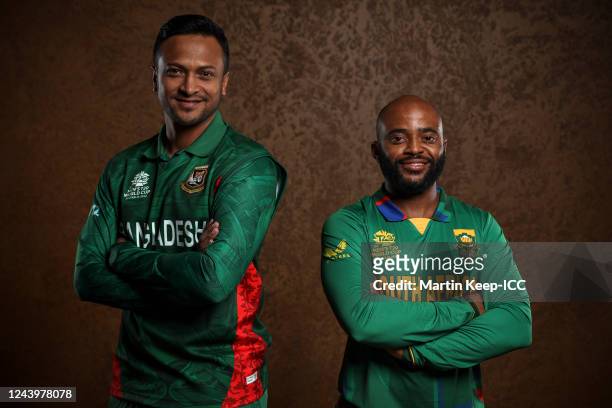 Shakib Al Hasan of Bangladesh and Temba Bavuma of South Africa poses for a photo ahead of the ICC Men's T20 World Cup on October 15, 2022 in...