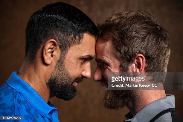Mohammad Nabi of Afghanistan and Kane Williamson of New Zealand poses for a photo ahead of the ICC Men's T20 World Cup on October 15, 2022 in...