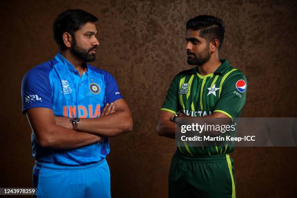 Rohit Sharma of India and Babar Azam of Pakistan poses for a photo ahead of the ICC Men's T20 World Cup on October 15, 2022 in Melbourne, Australia.