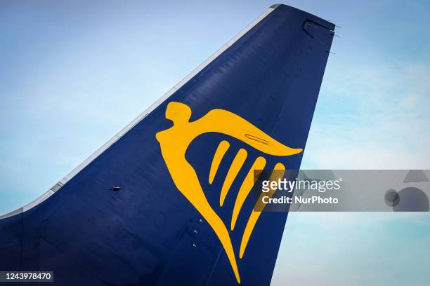 Ryanair logo is seen on an airplane at Krakow Airport in Balice near Krakow, Poland on October 11, 2022.