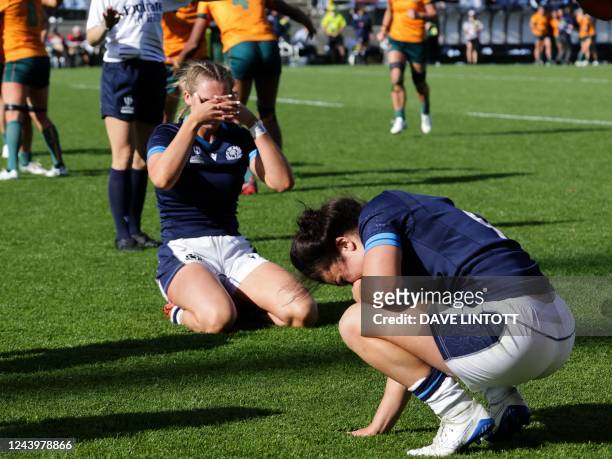Scotland players react following their loss in the New Zealand 2021 Women's Rugby World Cup Pool A match between Scotland and Australia at Northland...