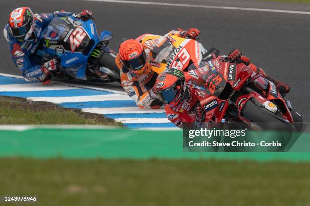 Francesco Bagnaia of Italy and Ducati Lenovo Team and Marc Marquez of Spain and Repsol Honda Team during qualifying for the MotoGP of Australia at...