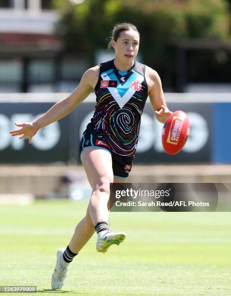 Indy Tahau of the Power during the 2022 S7 AFLW Round 08 match between the Port Adelaide Power and the North Melbourne Kangaroos at Alberton Oval on...