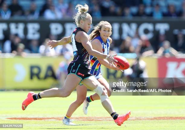 Erin Phillips of the Power and Nicole Bresnehan of the Kangaroos during the 2022 S7 AFLW Round 08 match between the Port Adelaide Power and the North...