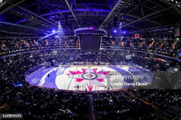 General view of the arena bowl prior to the season opener between the Winnipeg Jets and the New York Rangers at the Canada Life Centre on October 14,...