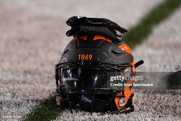 Princeton Tigers helmet sits on the field during the game between the Brown Bears and the Princeton Tigers on October 14, 2022 at Princeton Stadium...