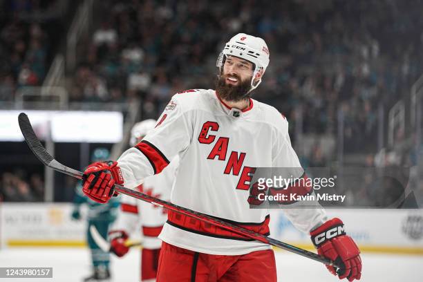 Brent Burns of the Carolina Hurricanes waits for a face-off against the San Jose Sharks at SAP Center on October 14, 2022 in San Jose, California.