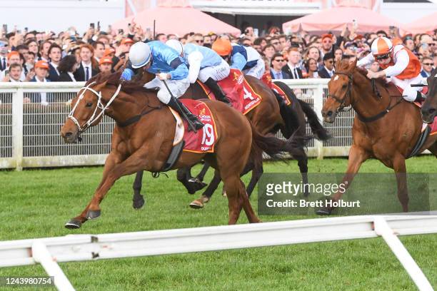 Durston ridden by Michael Dee wins the Carlton Draught Caulfield Cup at Caulfield Racecourse on October 15, 2022 in Caulfield, Australia.