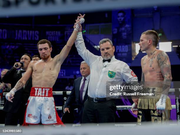 Jalen Tait celebrates after winning against Rhys Evans in the lightweight title bout at Southbank Plaza on October 15, 2022 in Brisbane, Australia.