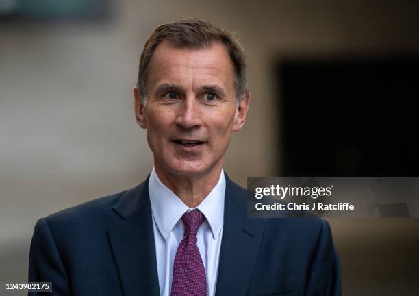 Chancellor of the Exchequer, Jeremy Hunt, takes part in a TV interview outside BBC Broadcasting House on October 15, 2022 in London, England. Former...