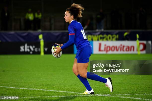 France's Caroline Drouin prepares to kick during the New Zealand 2021 Women's Rugby World Cup Pool C match between France and England at Northland...