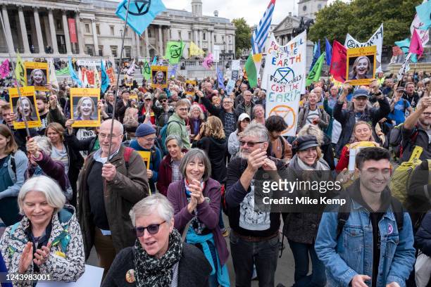 Protesters from the Extinction Rebellion group bring thousands into Westminster to say We cant afford this anymore as they protest in Trafalgar...