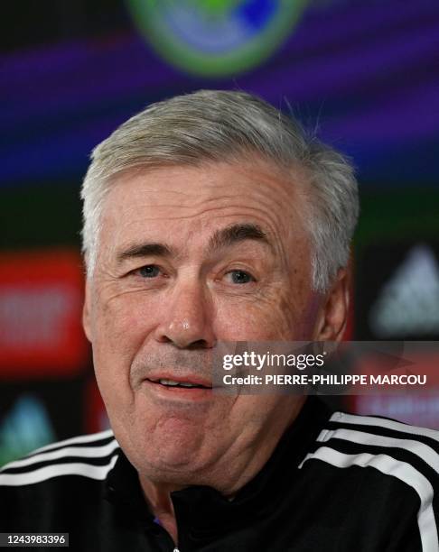 Real Madrid's Italian coach Carlo Ancelotti gives a press conference on the eve of their Spanish League football match against FC Barcelona, at the...