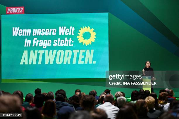 German Foreign Minister Annalena Baerbock delivers a speech during the congress of the Green Party in Bonn, western Germany on October 15, 2022. -...