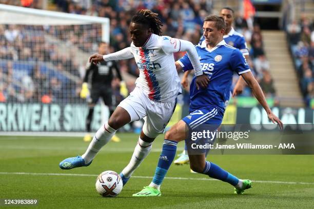 Eberechi Eze of Crystal Palace and Timothy Castagne of Leicester City during the Premier League match between Leicester City and Crystal Palace at...