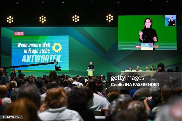 German Foreign Minister Annalena Baerbock delivers a speech during the congress of the Green Party in Bonn, western Germany on October 15, 2022. -...