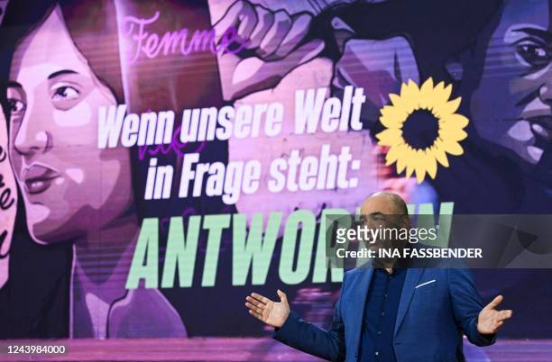 Co-leader of Germany's Green party Omid Nouripour delivers a speech during the congress of the Green Party in Bonn, western Germany on October 15,...