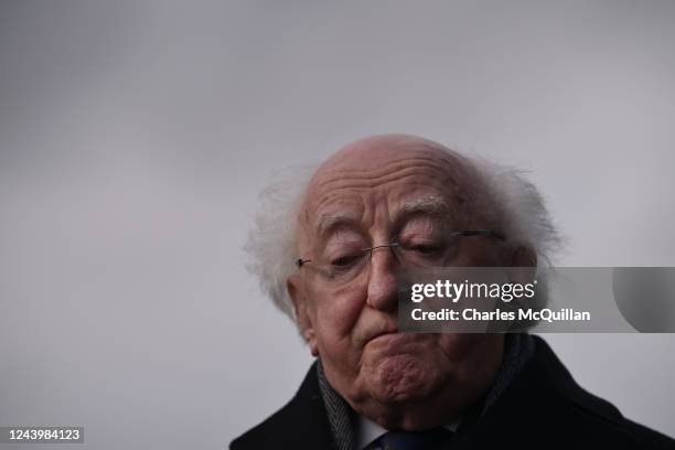 Irish President Michael D Higgins speaks to the media after the funerals of Robert Garwe, aged 50 and his daughter Shauna Flanagan Garwe, aged 5 take...