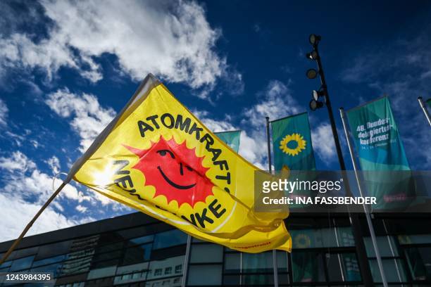 Picture shows a flag reading Nuclear power, no thanks in front of the World Conference Center during the congress of the Green Party in Bonn, western...