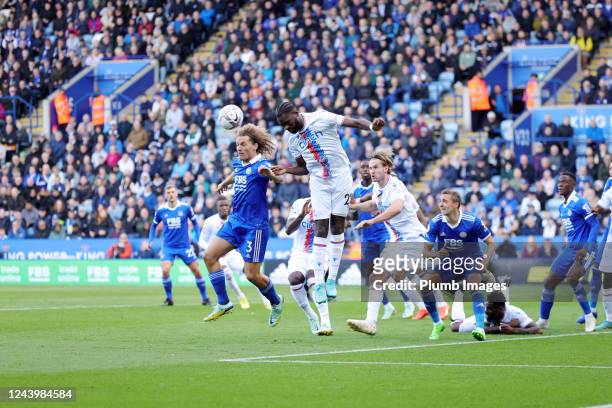 Wout Faes of Leicester City in action with Odsonne Edouard of Crystal Palace during the Premier League match between Leicester City and Crystal...