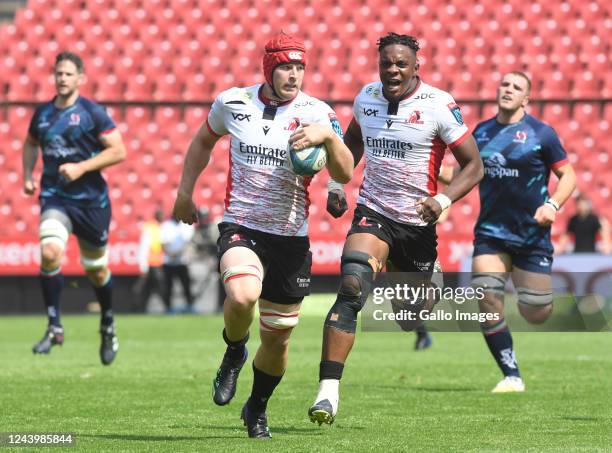 Franke Horn of the Lions receives the ball, and ran for a try during the United Rugby Championship match between Emirates Lions and Ulster at...