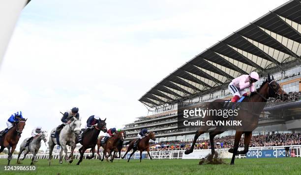Italian jockey Frankie Dettori rides Emily Upjohn to victory in the British Champions Fillies and Mares Stakes on Qipco British Champions Day at...