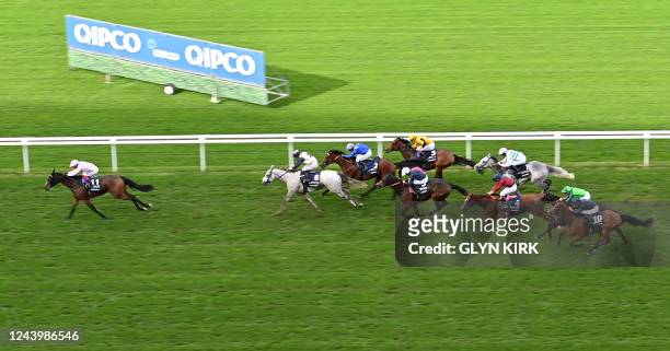 Italian jockey Frankie Dettori rides Emily Upjohn to victory in the British Champions Fillies and Mares Stakes on Qipco British Champions Day at...