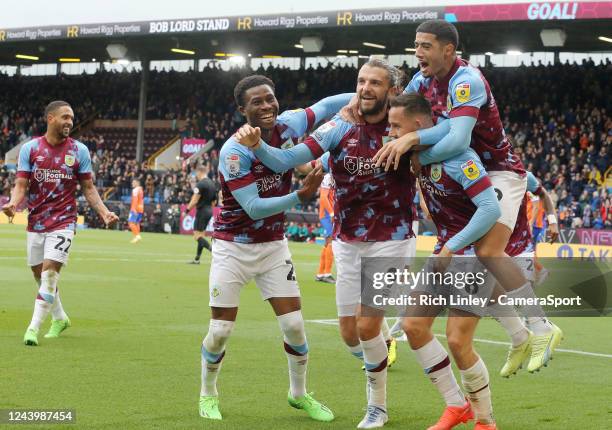 Burnley's Jay Rodriguez celebrates scoring his side's second goal with team-mates during the Sky Bet Championship between Burnley and Swansea City at...