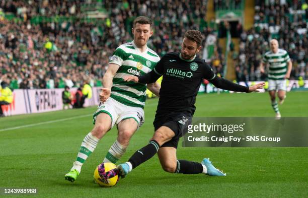 Anthony Ralston and Marijan Cabraja in action during a cinch Premiership match between Celtic and Hibernian at Celtic Park, on October 15 in Glasgow,...