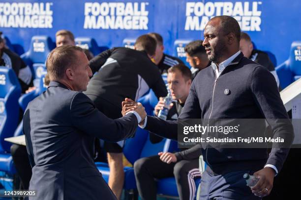 Manager Brendan Rodgers of Leicester City and Patrick Vieira of Crystal Palace shake hands during the Premier League match between Leicester City and...