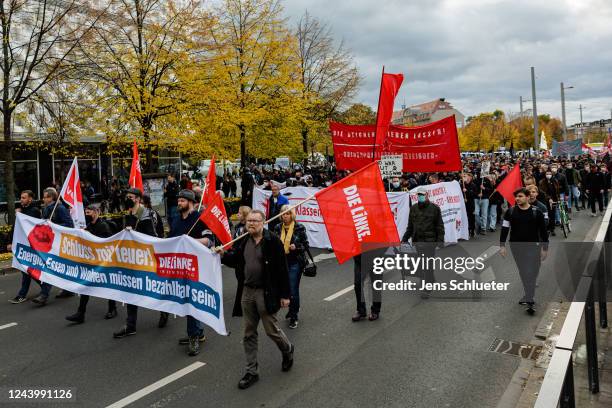 People march to protest against skyrocketing energy prices and the growing cost of living on October 15, 2022 in Leipzig, Germany. The protest,...