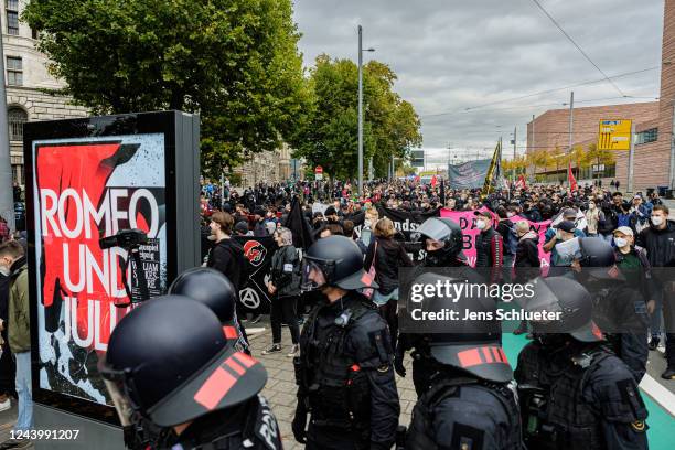 People march to protest against skyrocketing energy prices and the growing cost of living on October 15, 2022 in Leipzig, Germany. The protest,...