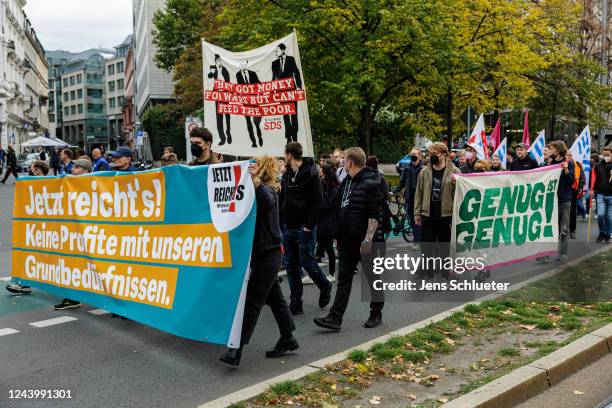 People march to protest against skyrocketing energy prices and the growing cost of living on October 15, 2022 in Leipzig, Germany. The protest,...