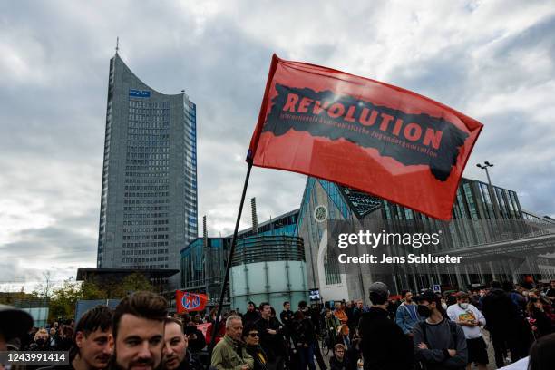 People march to protest against skyrocketing energy prices and the growing cost of living on October 15, 2022 in Leipzig, Germany. The protest,...