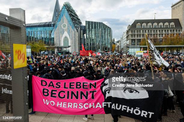 People march to protest against skyrocketing energy prices and the growing cost of living on October 15, 2022 in Leipzig, Germany. The protest,...