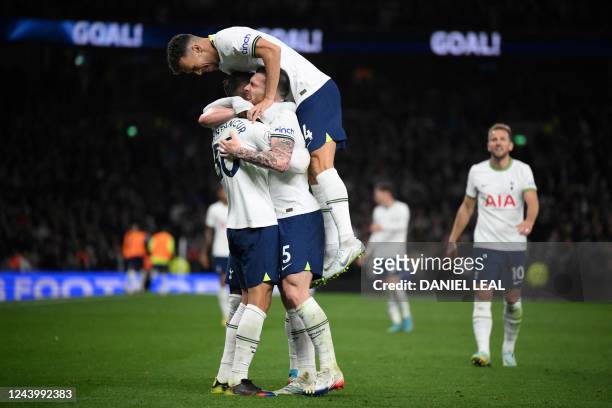 Tottenham Hotspur's Danish midfielder Pierre-Emile Hojbjerg celebrates after scoring his team second goal during the English Premier League football...