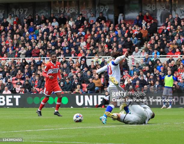 Middlesbrough's Zack Steffen saves at the feet of Blackburn Rovers' Tyrhys Dolan during the Sky Bet Championship between Middlesbrough and Blackburn...