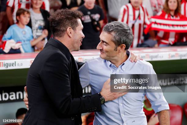 Coach Ernesto Valverde of Athletic Bilbao coach Diego Pablo Simeone of Atletico Madrid during the La Liga Santander match between Athletic de Bilbao...