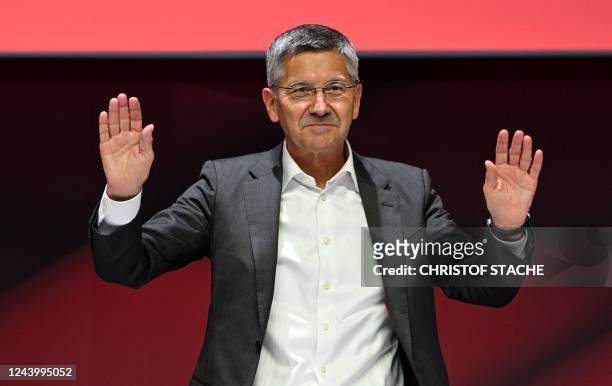 President Herbert Hainer reacts after his re-election to the presidency during the shareholders meeting of the German first division Bundesliga club...