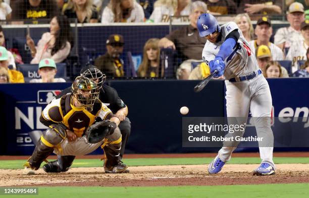 San Diego, CA, Friday, October 14, 2022 - Trayce Thompson strikes out in the 7th inning. The LA Dodgers and the San Diego Padres in game 3 of the...