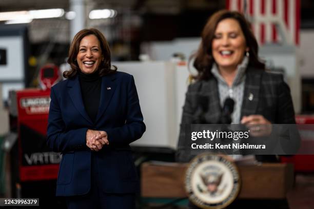 Vice President Kamala Harris smiles as Michigan Governor Gretchen Whitmer delivers remarks after touring a FOCUS: HOPE facility on Saturday, Oct. 15,...