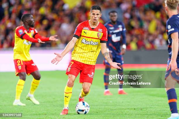 Florian Sotoca of RC Lens reacts during the Ligue 1 Uber Eats match between Lens and Montpellier at Stade Felix Bollaert on October 15, 2022 in Lens,...