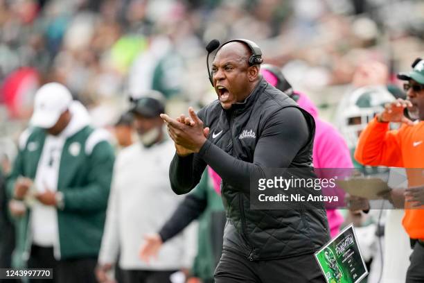 Head coach Mel Tucker of the Michigan State Spartans reacts from the side line during the first quarter of their game against the Wisconsin Badgers...