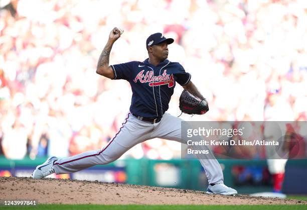 Raisel Iglesias of the Atlanta Braves pitches against the Philadelphia Phillies during the sixth inning in game four of the National League Division...