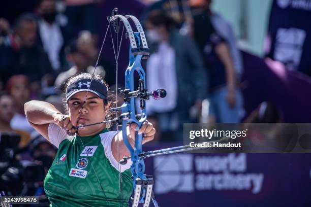 In this handout image provided by the World Archery Federation, Andrea Becerra of Mexico during the Women's compound finals during the Tlaxcala 2022...