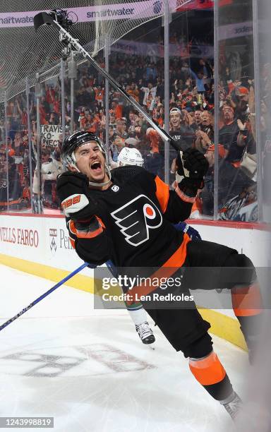 Travis Konecny of the Philadelphia Flyers celebrates his third period game-winning goal against the Vancouver Canucks at the Wells Fargo Center on...