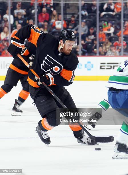 Kevin Hayes of the Philadelphia Flyers skates with the puck against the Vancouver Canucks at the Wells Fargo Center on October 15, 2022 in...